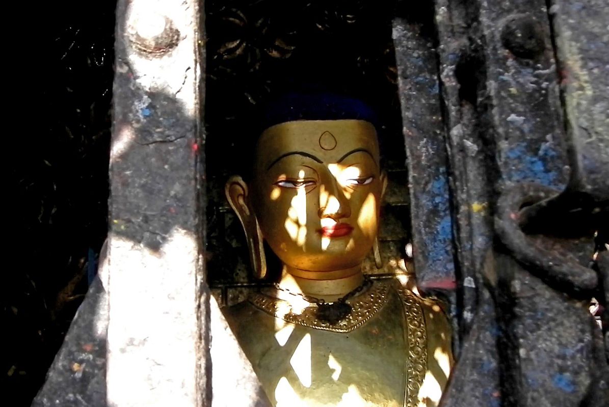 Kathmandu Swayambhunath 22 Akshobhya East Dhyani Buddha Statue Behind Mesh At Top Of Stairs 